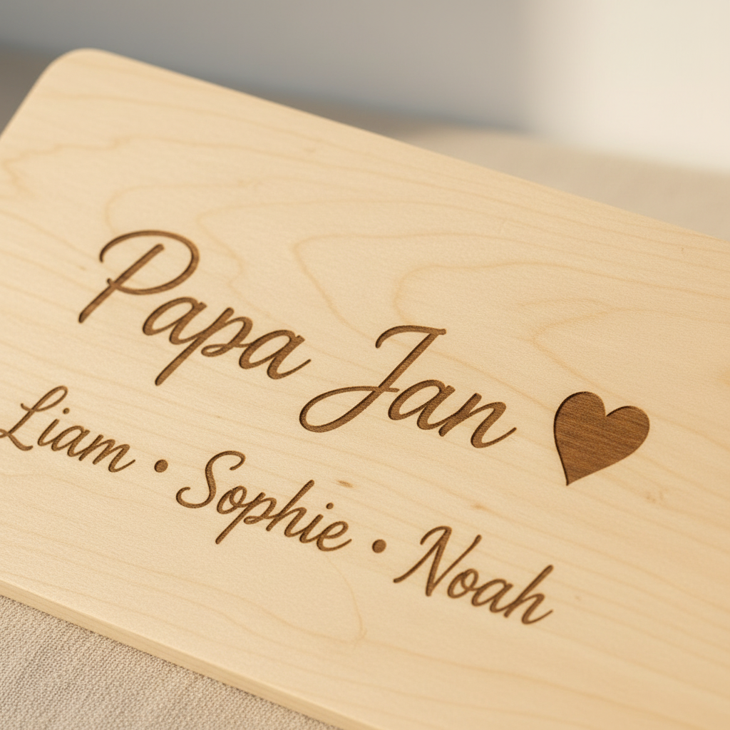 Gepersonaliseerde borrelplank van Studio Bryan, ideaal voor Vaderdag, met houten oppervlak en gepersonaliseerde inscriptie