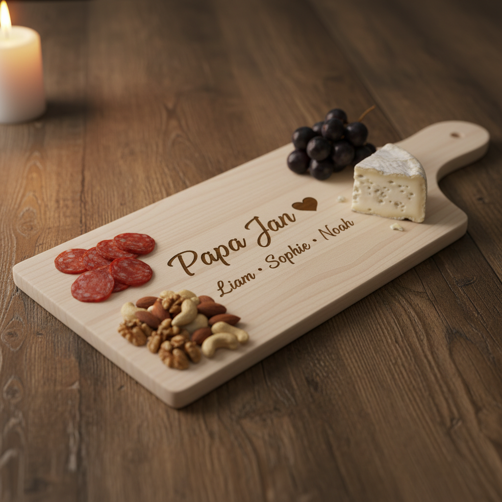Gepersonaliseerde borrelplank vaderdagcadeau met namen gegraveerd