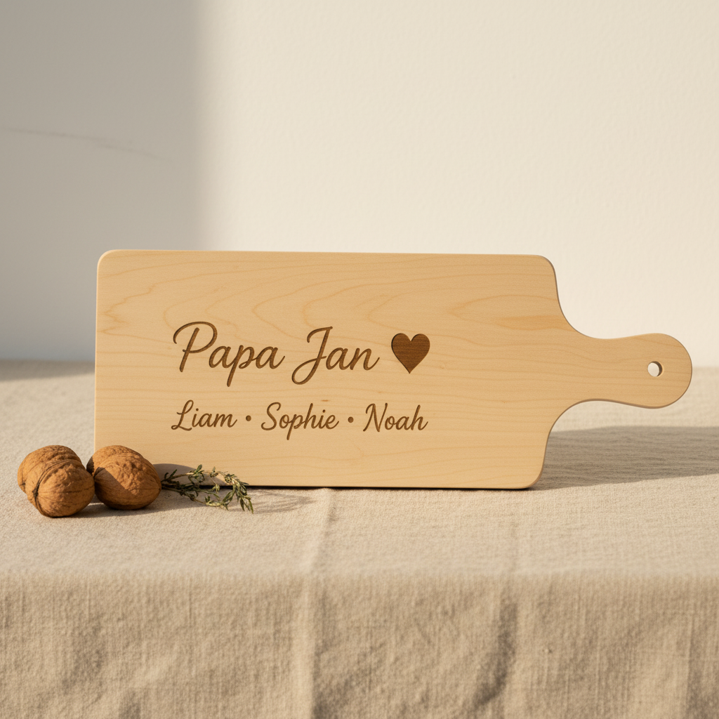 Gepersonaliseerde borrelplank van Studio Bryan, ideaal als Vaderdagcadeau, met houten oppervlak en gepersonaliseerde inscriptie