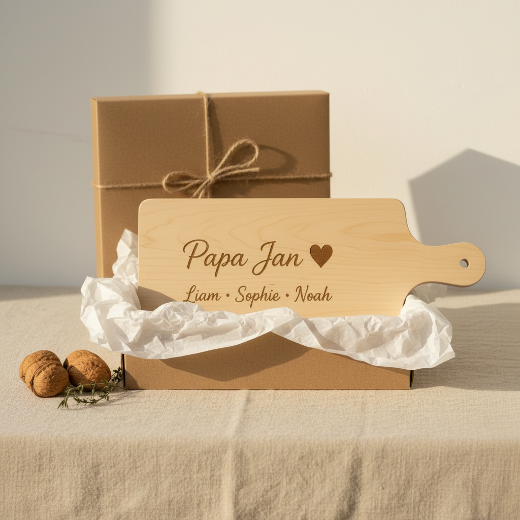 Gepersonaliseerde borrelplank van Studio Bryan, ideaal Vaderdagcadeau, met ruimte voor namen en speciale versiering.